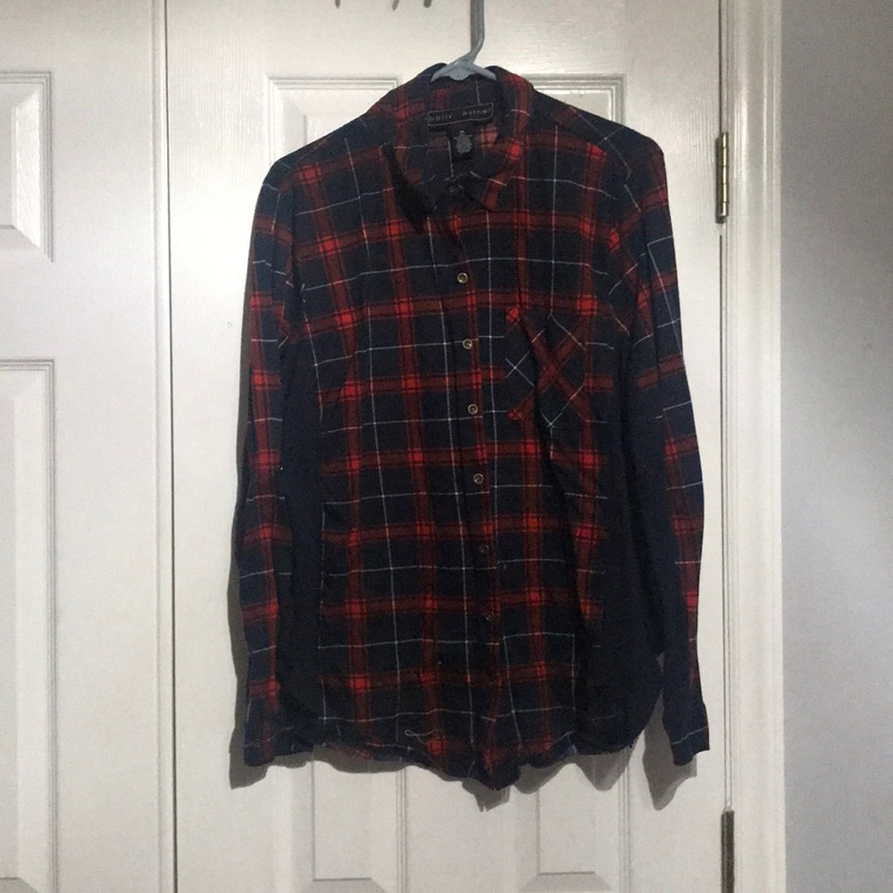 Navy blue, red, and white flannel.